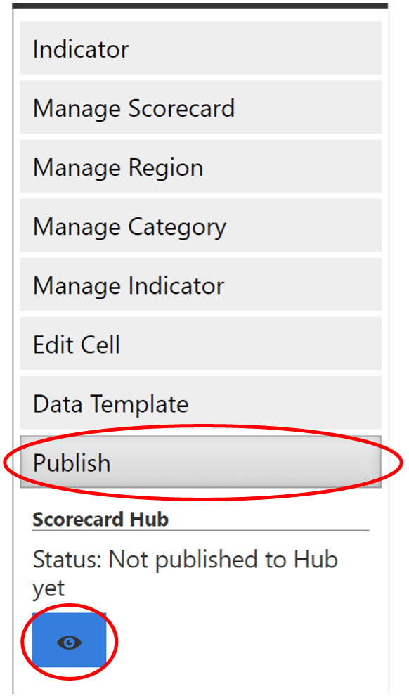 The Administrator panel of the Scorecard Web Platform with the Publish tab highlighted.