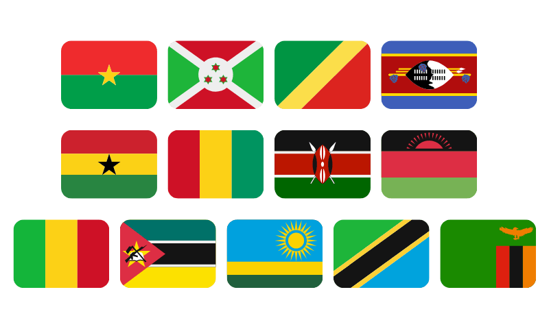 Flags of the 13 countries sharing scorecards. List of countries available next.