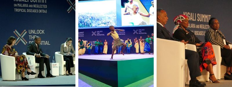 Senior leaders speaking about malaria and NTDs at the summit and children perform a dance on the summit stage.